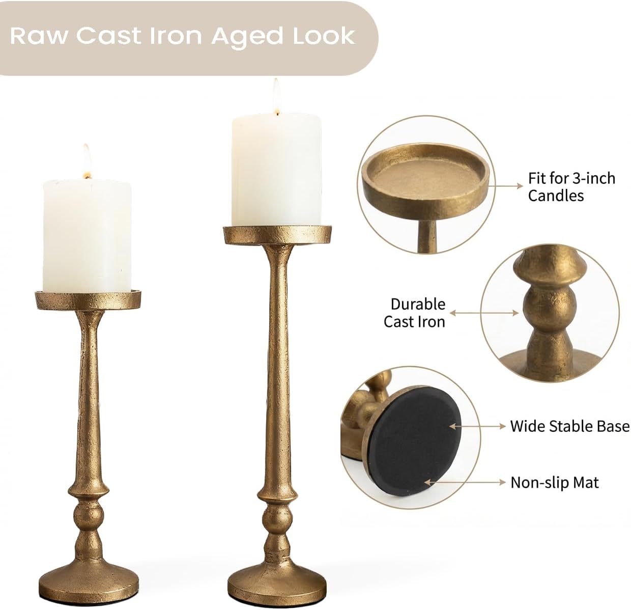 BANOMII Vintage Iron Pillar Candle Holders Set of 2, Antique Brass Gold